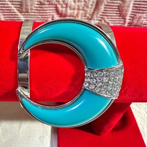 CUFF BRACELET Horn Shape Silver-Tone Pave Crystal Glass Faux Turquoise 5494 P - Picture 8 of 11